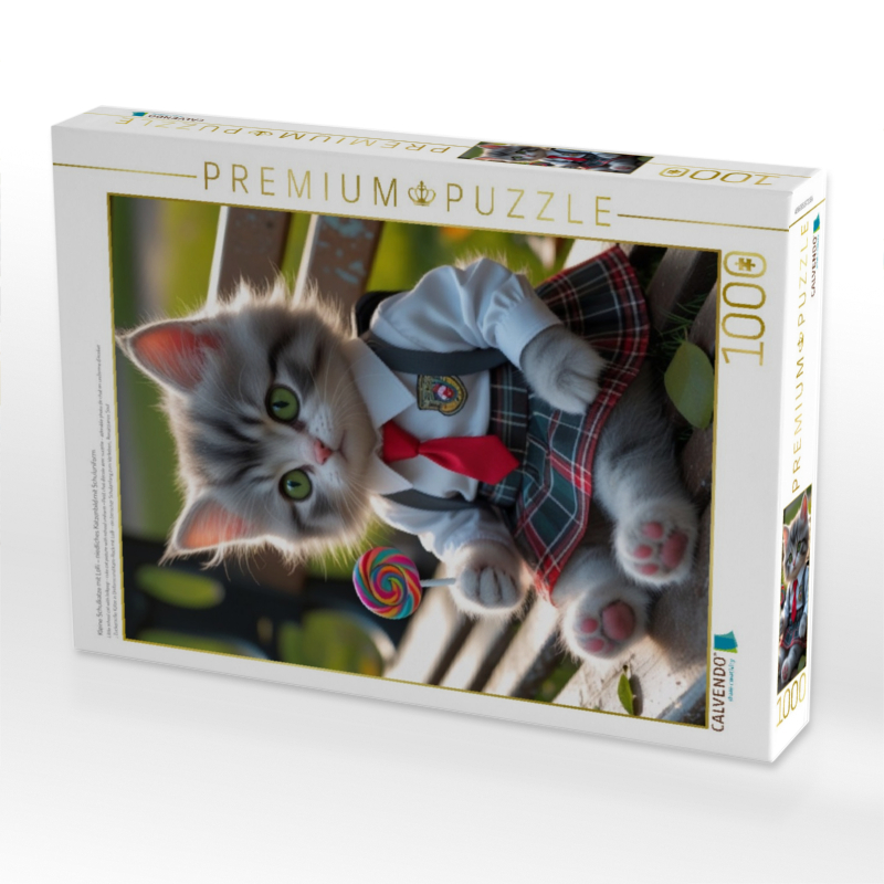 Kleine Schulkatze mit Lolli – niedliches Katzenbild mit Schuluniform