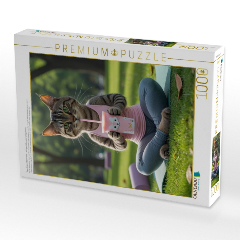 Yoga-Katze mit Smoothie – witziges Katzenbild für Sportfans