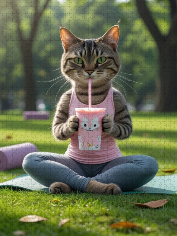 Yoga-Katze mit Smoothie – witziges Katzenbild für Sportfans