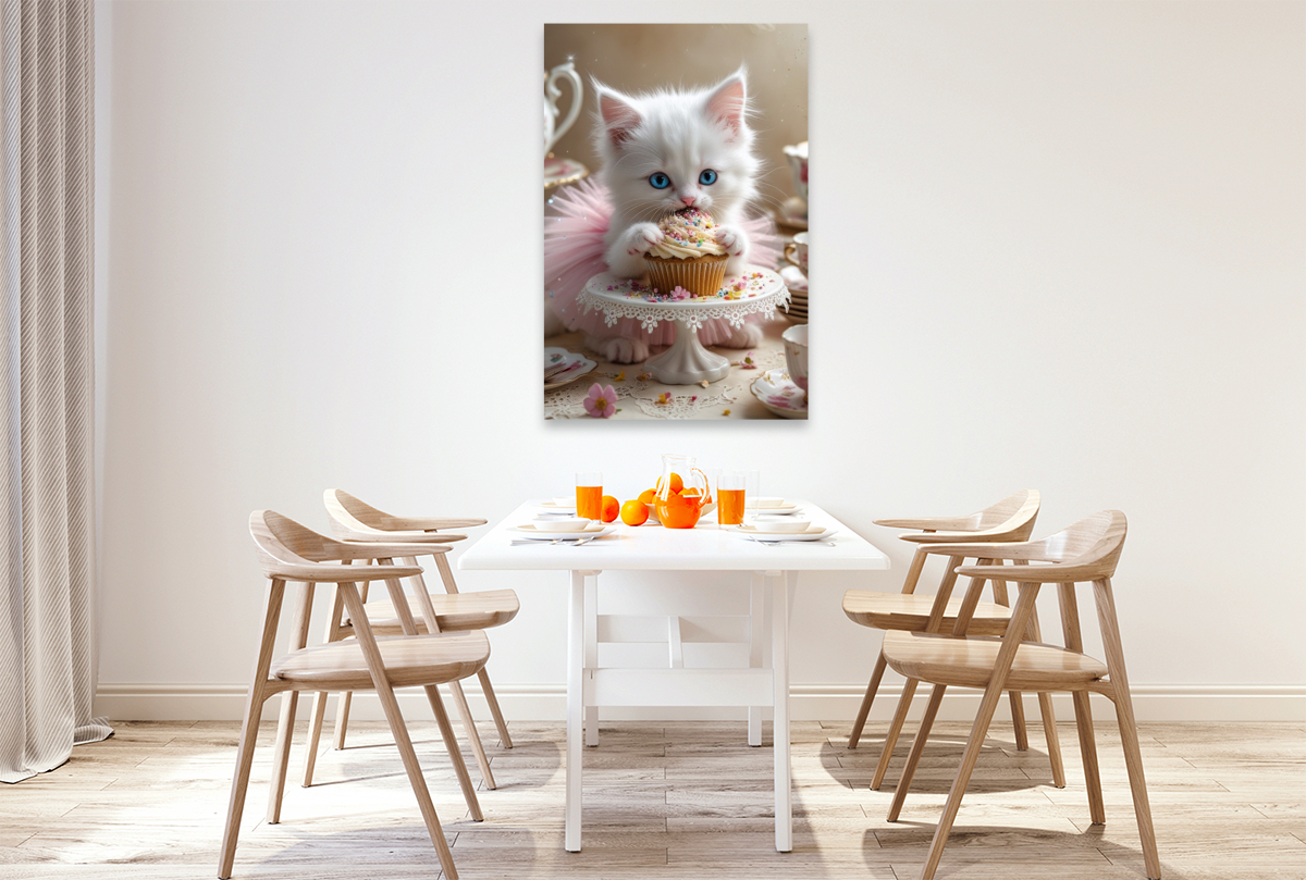 Süße Babykatze im Tutu nascht einen Cupcake