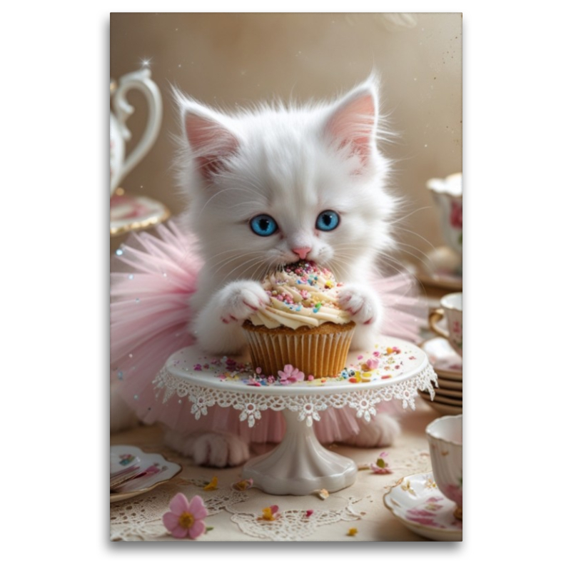 Süße Babykatze im Tutu nascht einen Cupcake