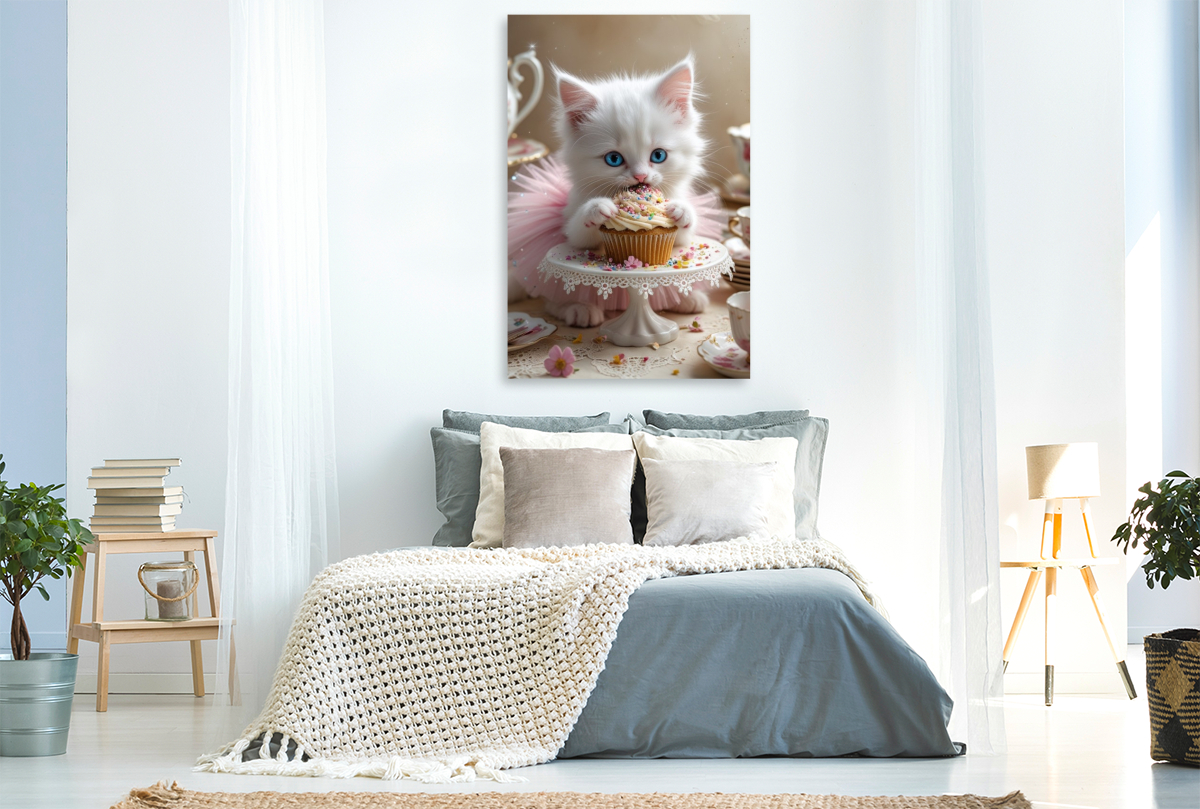 Süße Babykatze im Tutu nascht einen Cupcake