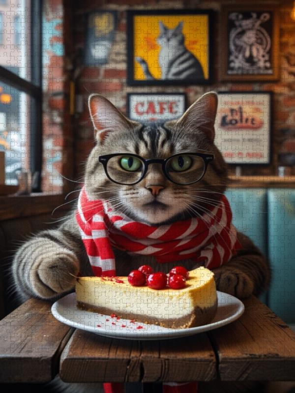 Café-Katze mit Brille und Kuchen – witziges Katzenbild im Hipster-Stil