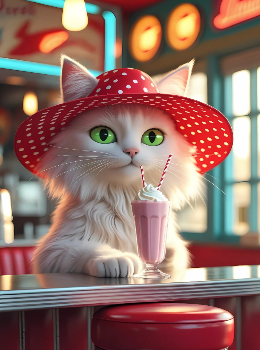 Katzen-Diva im Diner mit Milchshake – lustiges Retro-Motiv für Katzenfreunde
