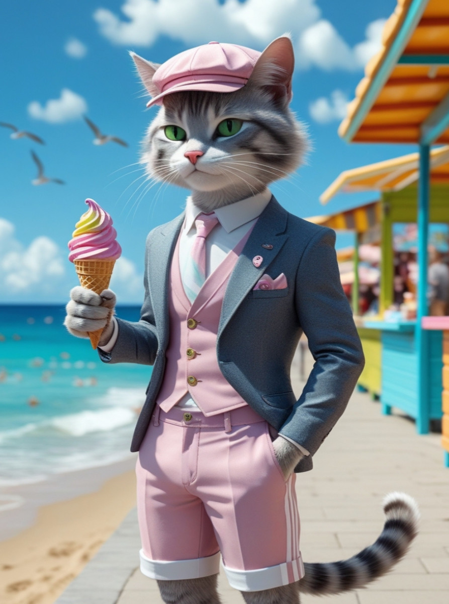 Kater mit Eis im Sommeranzug – stilvolles Katzenmotiv am Strand