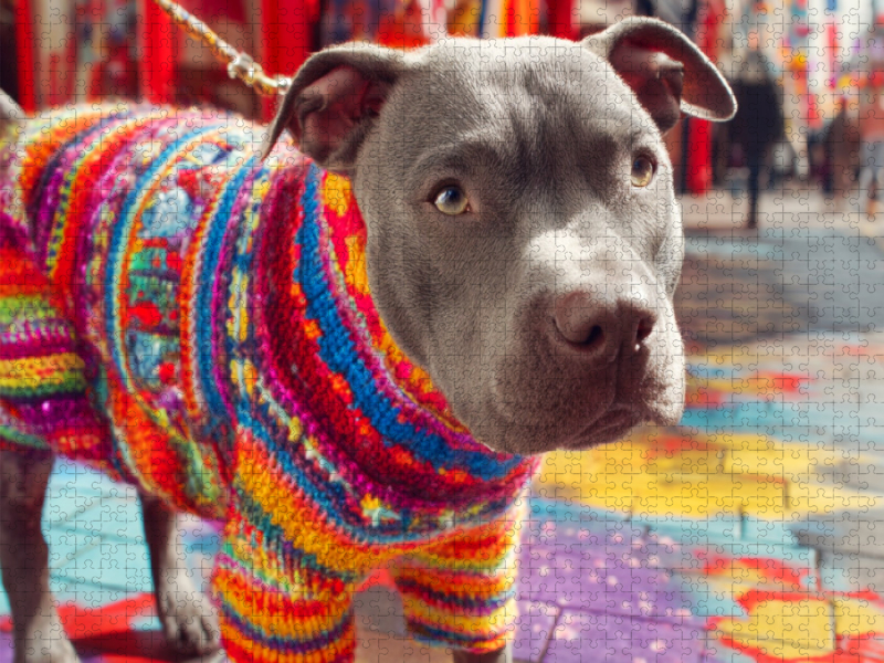 Pit Bull im bunten Strick