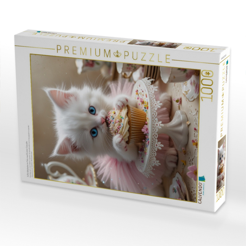Süße Babykatze im Tutu nascht einen Cupcake