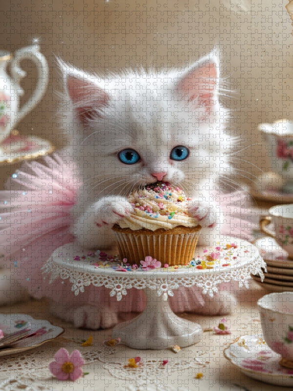 Süße Babykatze im Tutu nascht einen Cupcake