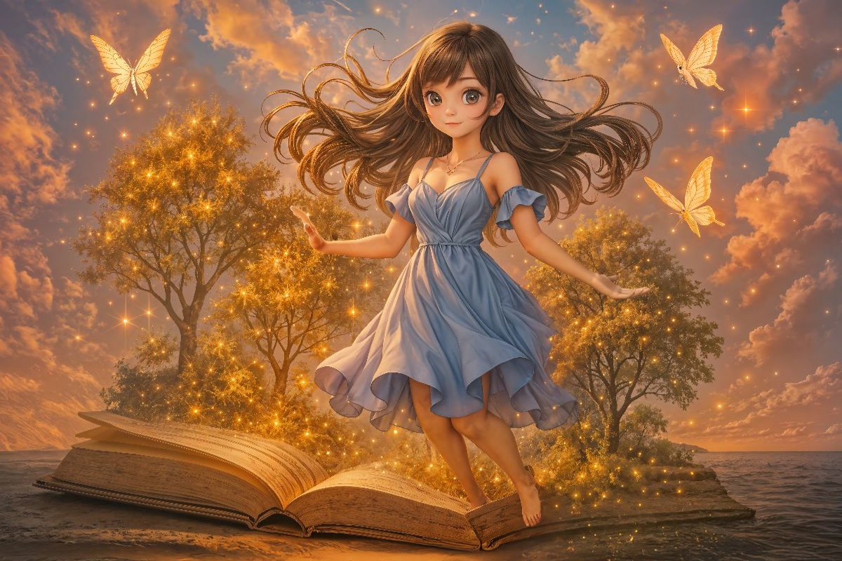 Animewelt Heldin zwischen Seiten