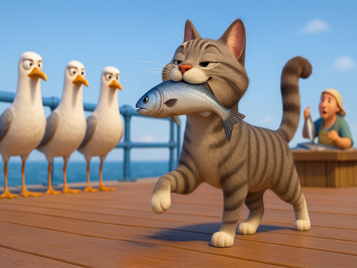 Was sagt ihr nun - Cartoon Katze mit Fisch