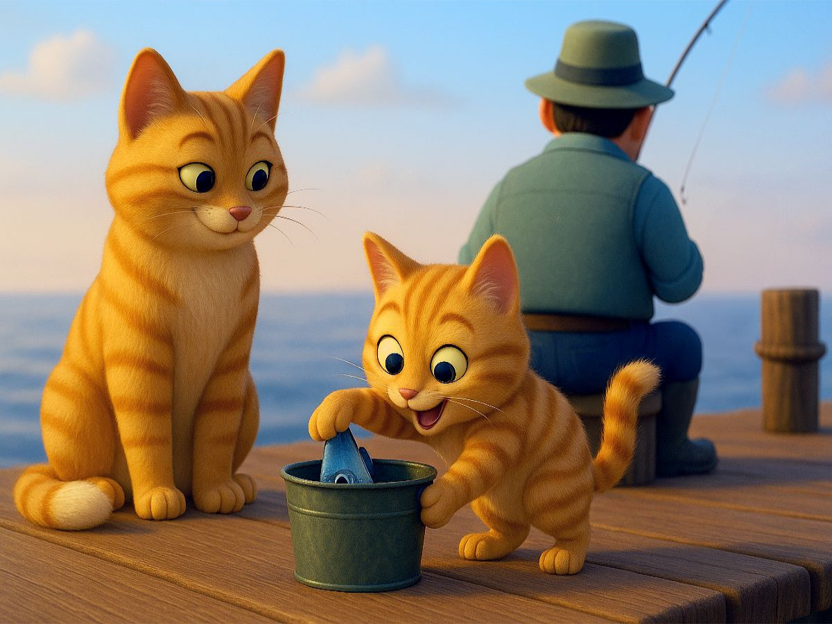 Gut, aufpassen, dass er nichts merkt - Cartoon Katzen stehlen Fisch