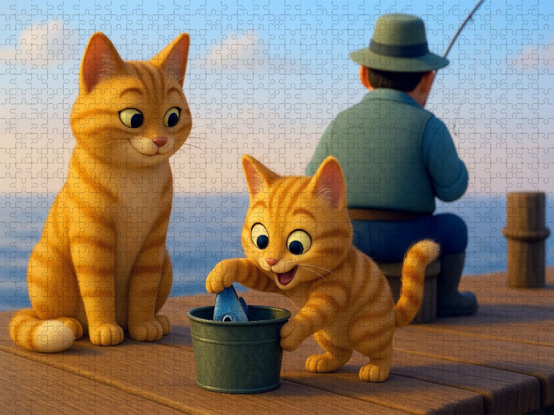 Gut, aufpassen, dass er nichts merkt - Cartoon Katzen stehlen Fisch