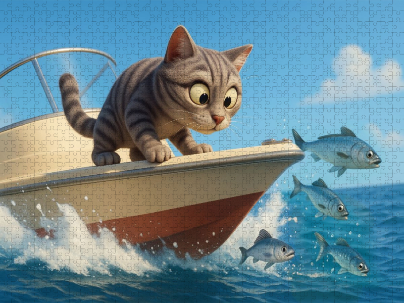 Kommt ein kleines Stück näher - Cartoon Katze beim Fischfang