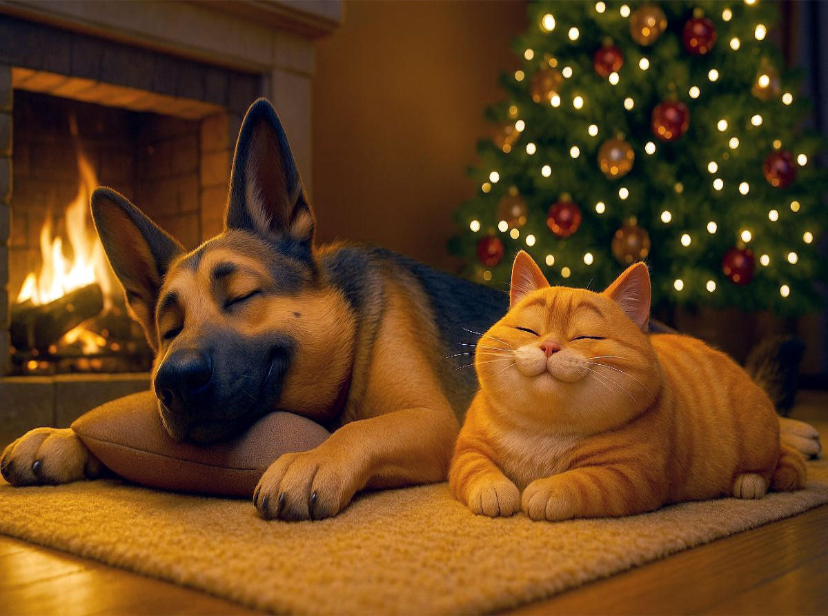 Weihnachtsentspannung - Schäferhund und Katze am Kamin