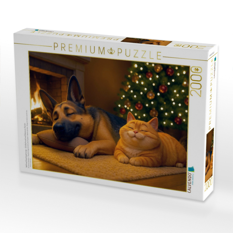 Weihnachtsentspannung - Schäferhund und Katze am Kamin