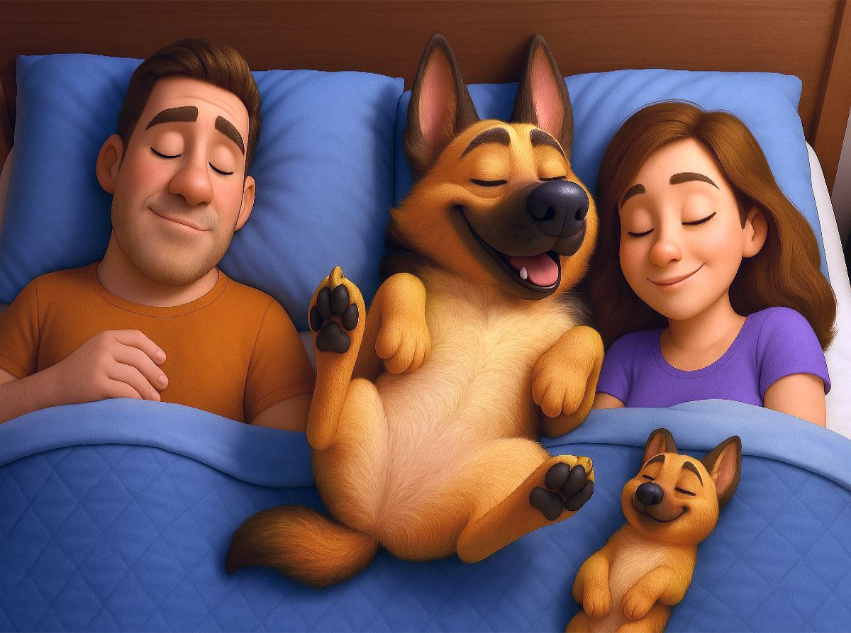 Familienfrieden - Schäferhund schläft im Bett