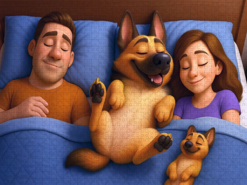 Familienfrieden - Schäferhund schläft im Bett