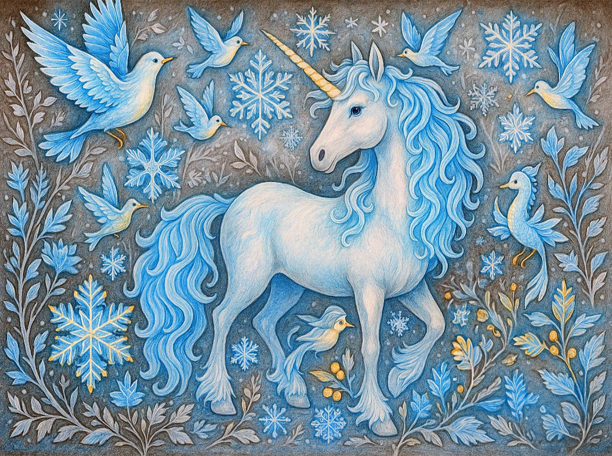 Schneeeinhorn und Eiskristall-Vögel