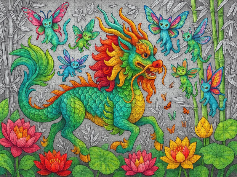 Chinesischer Qilin und Libellenkatzen