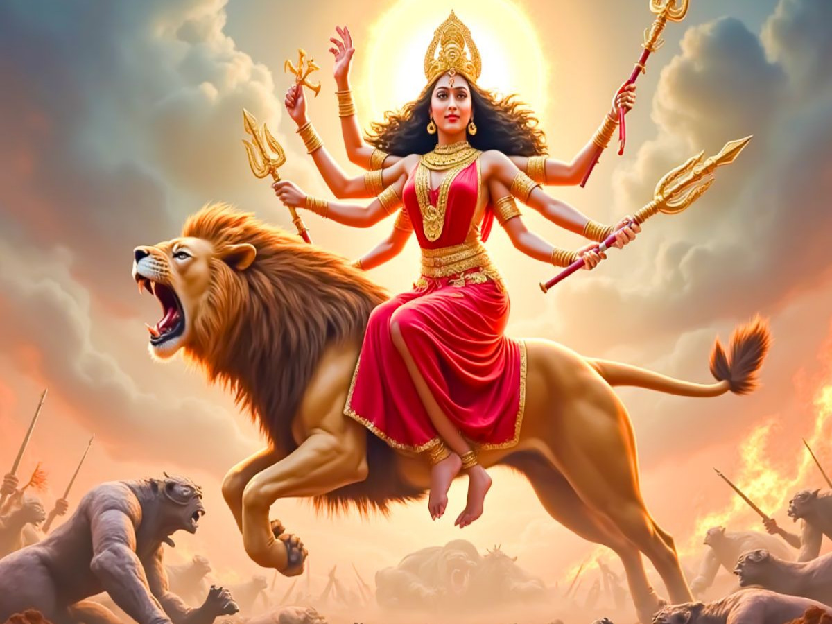 Durga, Kriegergöttin, reitet auf einem Löwen
