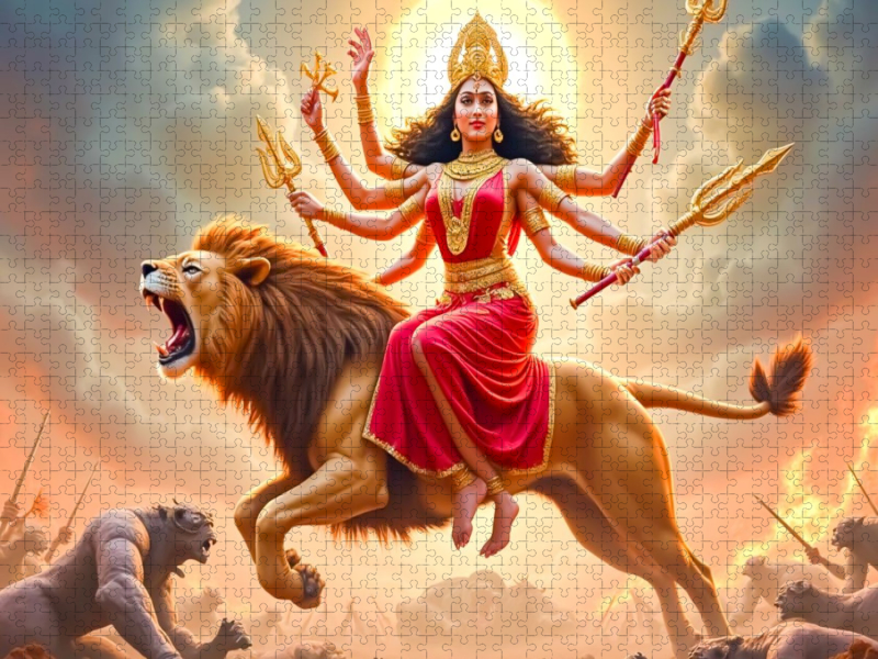 Durga, Kriegergöttin, reitet auf einem Löwen