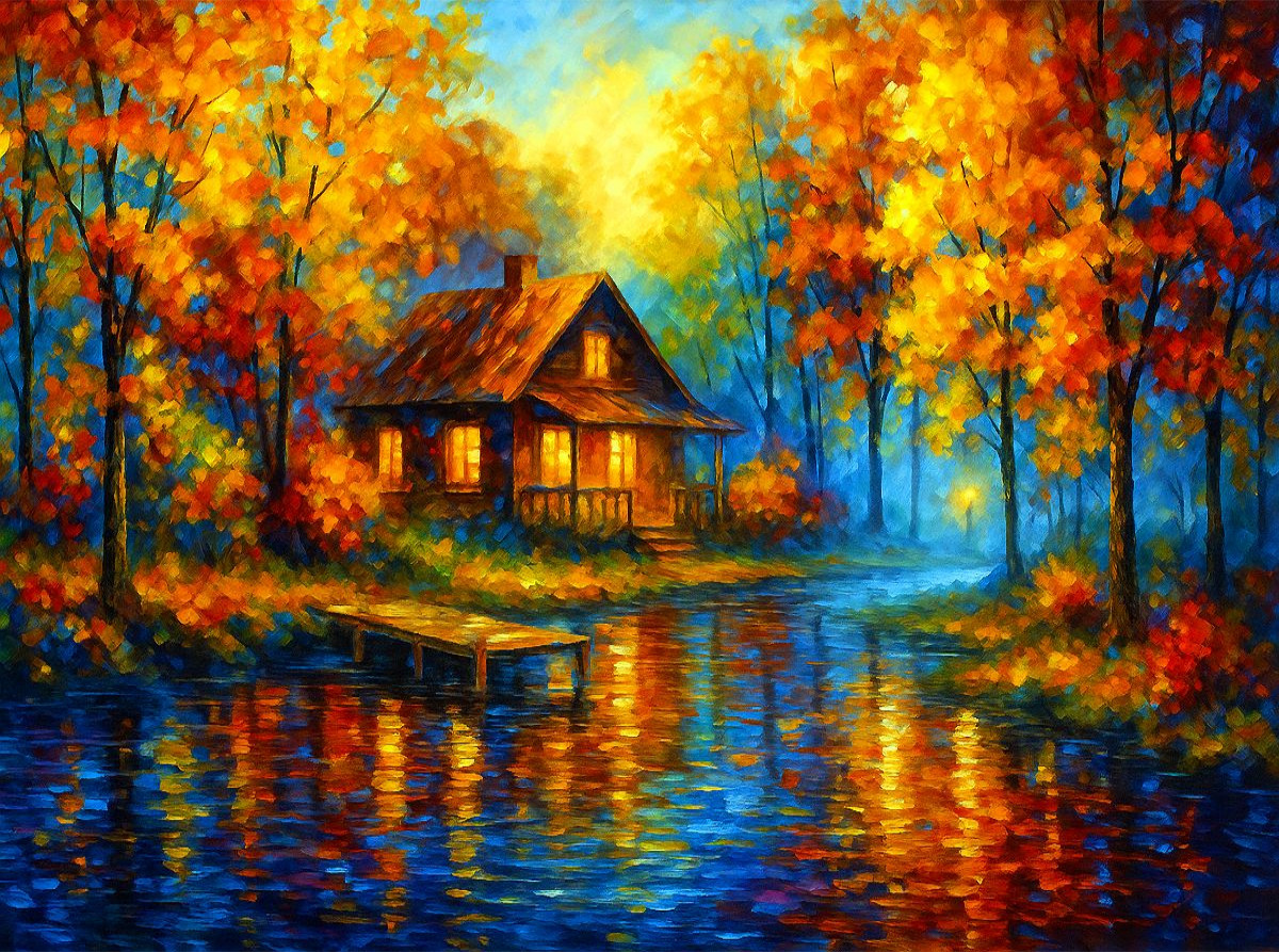 Haus am Fluss im Herbst