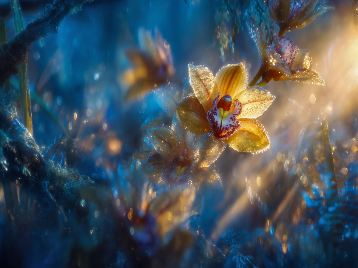 Wie gemalt ruht die Cymbidium im goldenen Morgenlicht