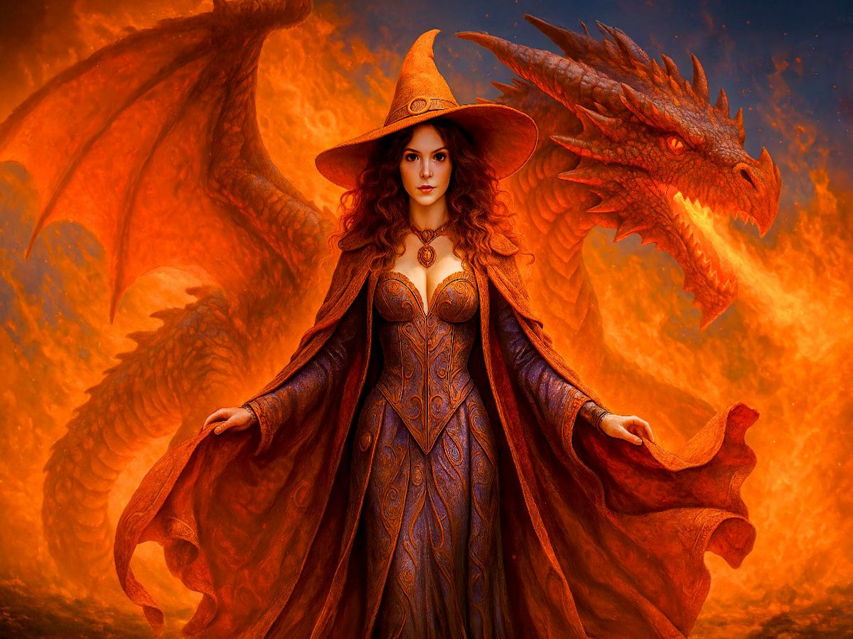 Feuerhexe mit Drache