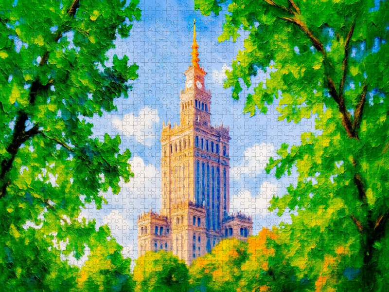 Kulturpalast durch Bäume gerahmt im Park