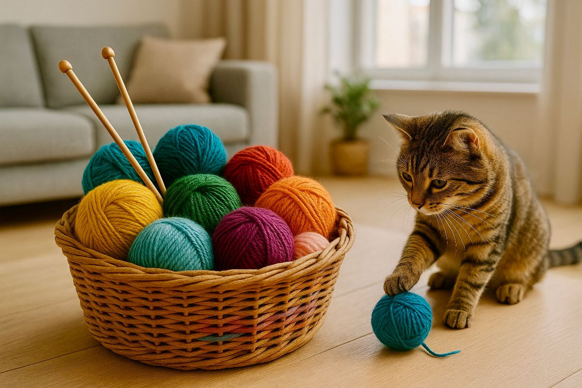 Eine Katze spielt mit der Wolle