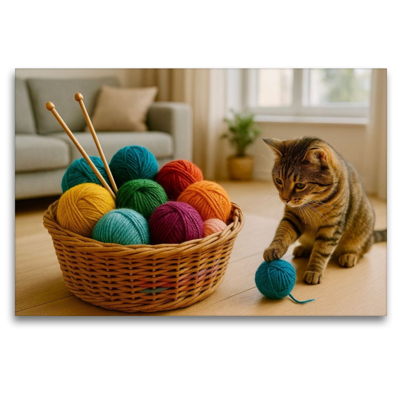 Eine Katze spielt mit der Wolle