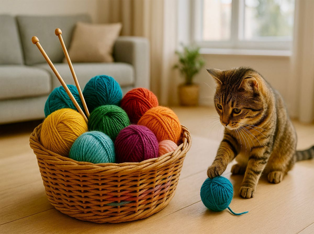 Eine Katze spielt mit der Wolle