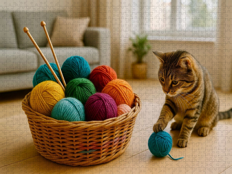Eine Katze spielt mit der Wolle