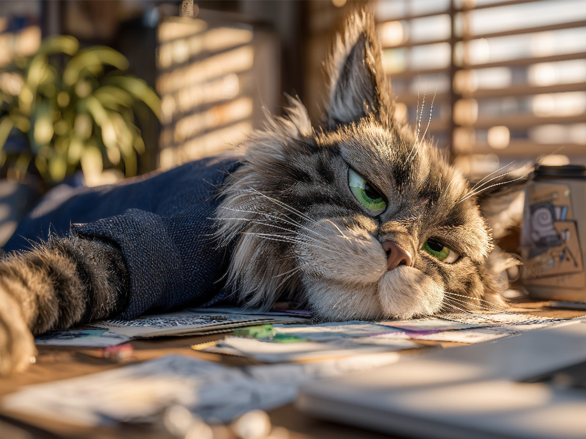 Faule Katze im Büro mit genervtem Blick