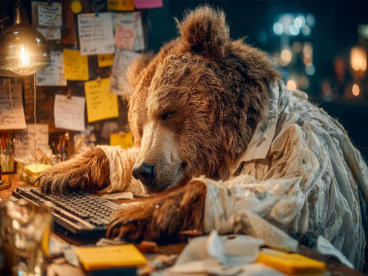 Schreibtischbär in Pause - Müde und charmant zugleich