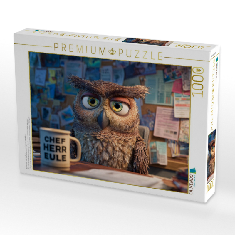Büro-Eule mit Kaffeetasse und genervtem Blick
