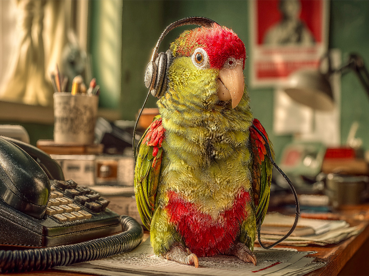 Papagei mit Headset im Retro-Callcenter