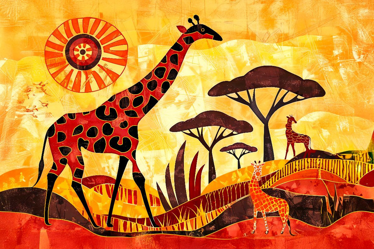 Giraffenfamilie vor kunstvoller Savannensonne