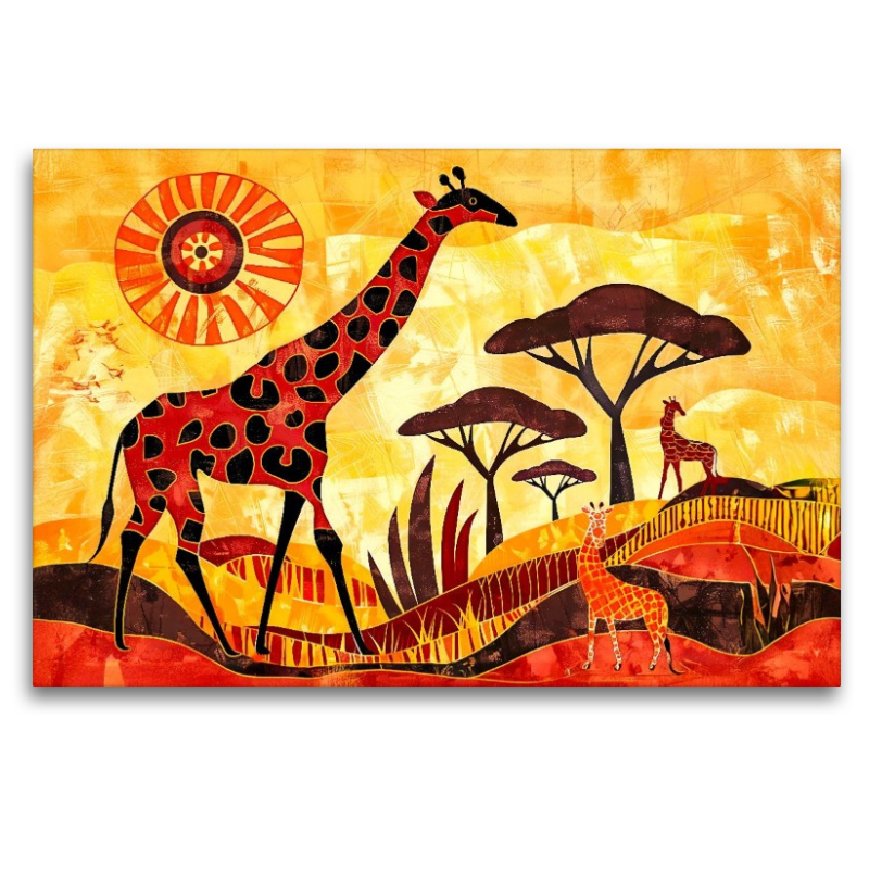 Giraffenfamilie vor kunstvoller Savannensonne