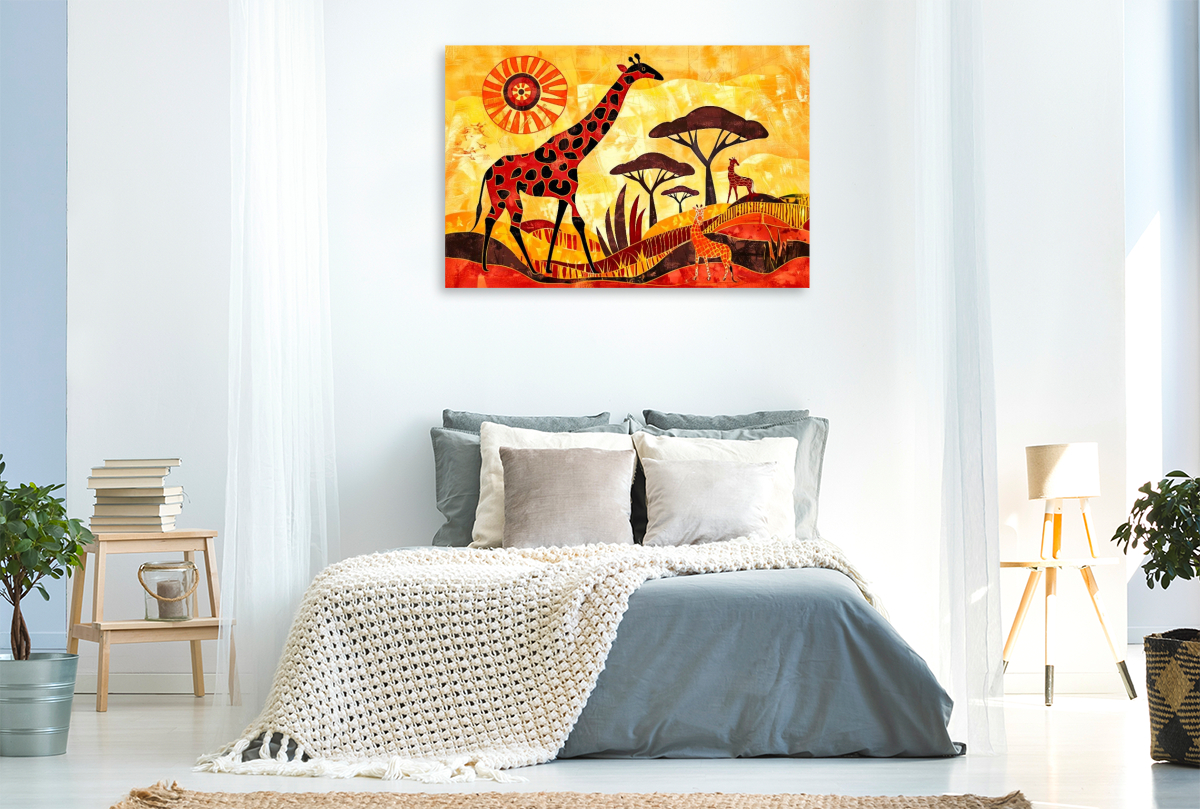 Giraffenfamilie vor kunstvoller Savannensonne