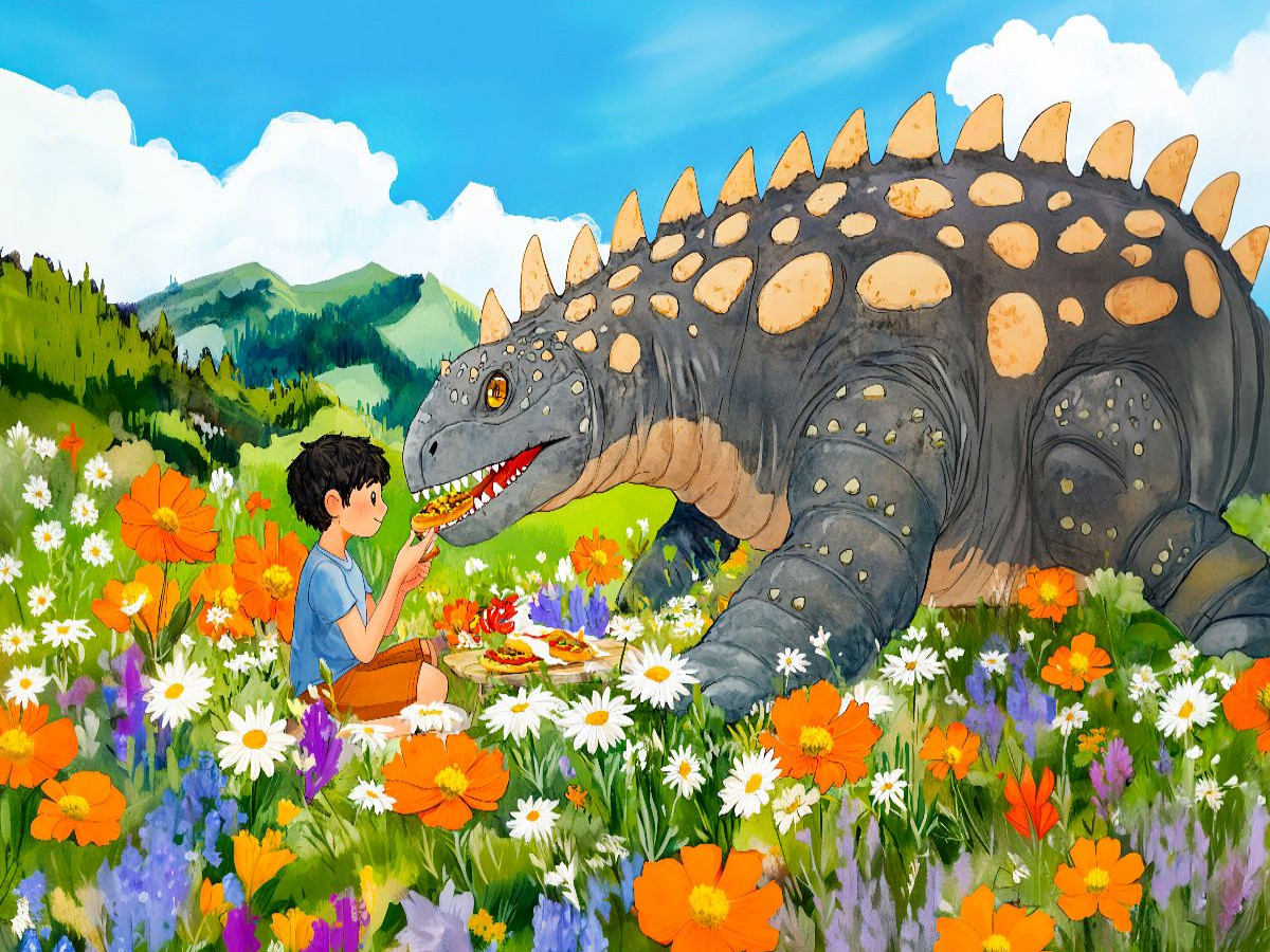 Picknick mit Dino auf der Blumenwiese