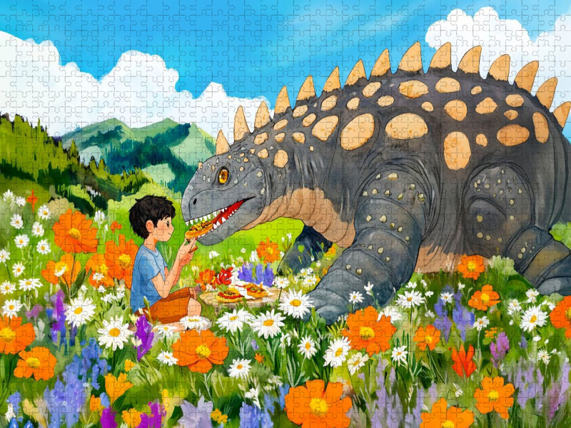 Picknick mit Dino auf der Blumenwiese
