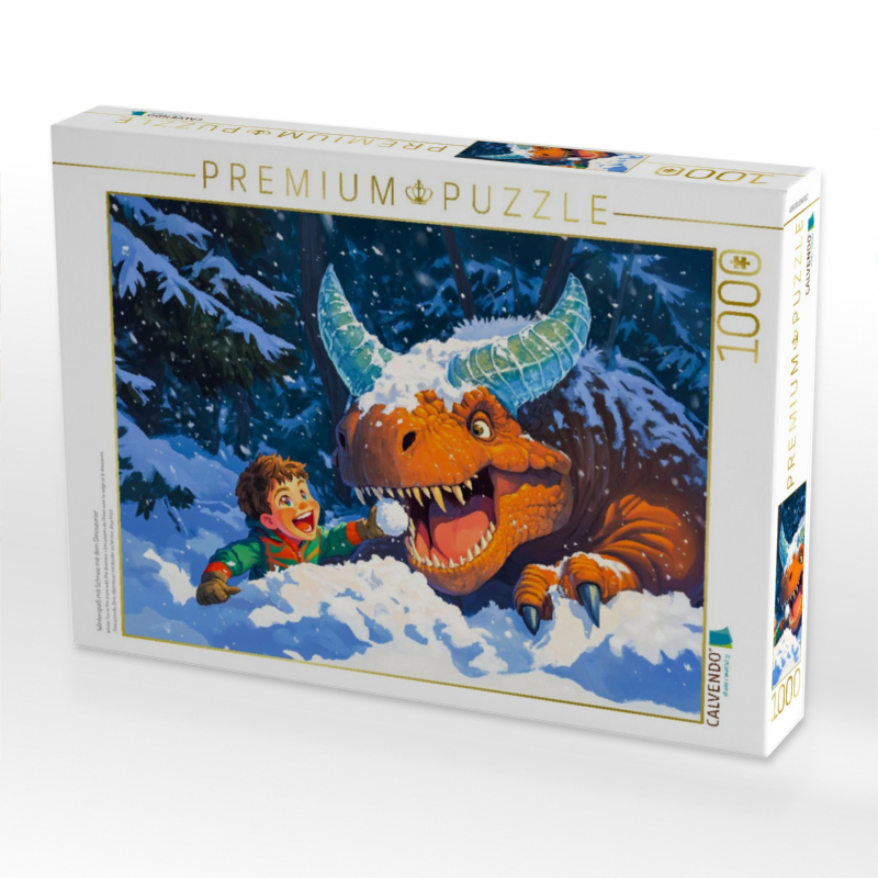 Winterspaß mit Schnee mit dem Dinosaurier