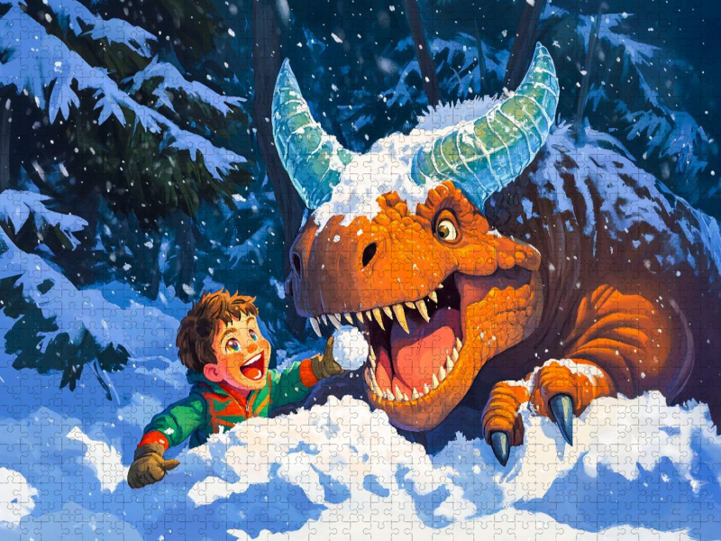 Winterspaß mit Schnee mit dem Dinosaurier