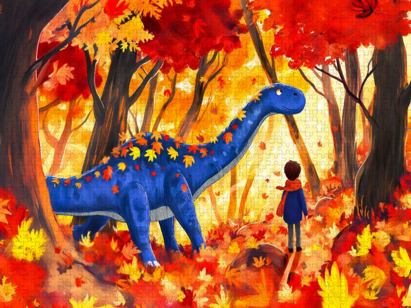 Herbststimmung mit dem Dinosaurier im bunten Wald