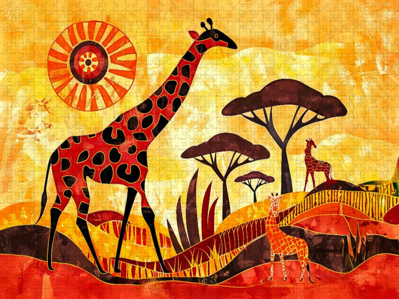 Giraffenfamilie vor kunstvoller Savannensonne