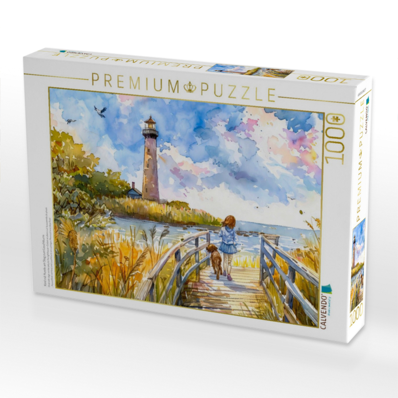 Kind mit Hunde am Steg zum Leuchtturm