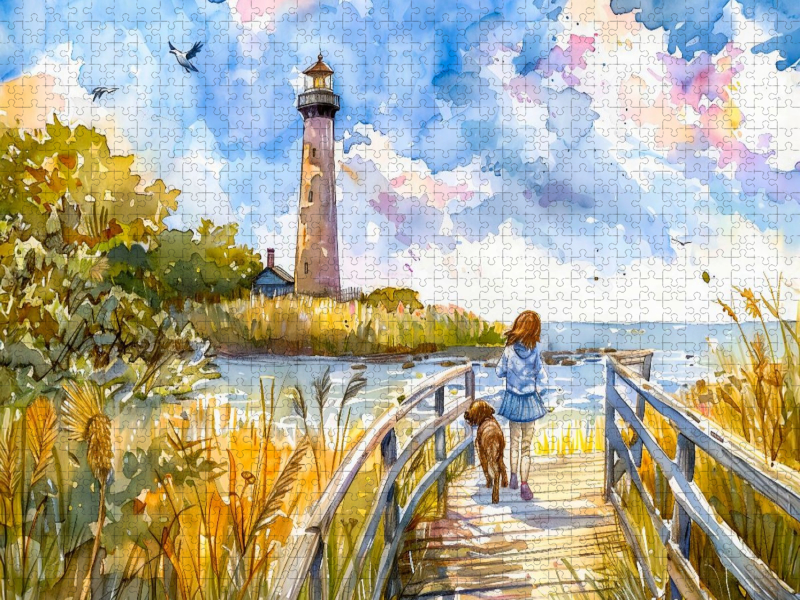 Kind mit Hunde am Steg zum Leuchtturm