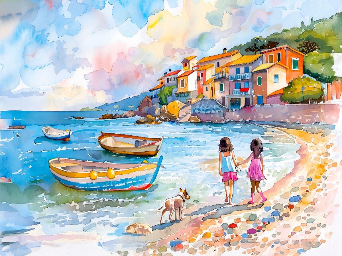 Zwei Kinder mit Hund an mediterranem am Bootsstrand