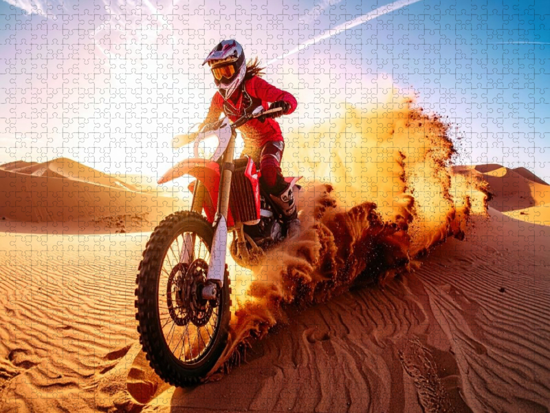Fahrerin im Gegenlicht in der Wüste, der Sand fliegt aufgewühlt hoch